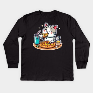 cute cat fat eating pizza, cartoon illustration isolated on white background Kids Long Sleeve T-Shirt